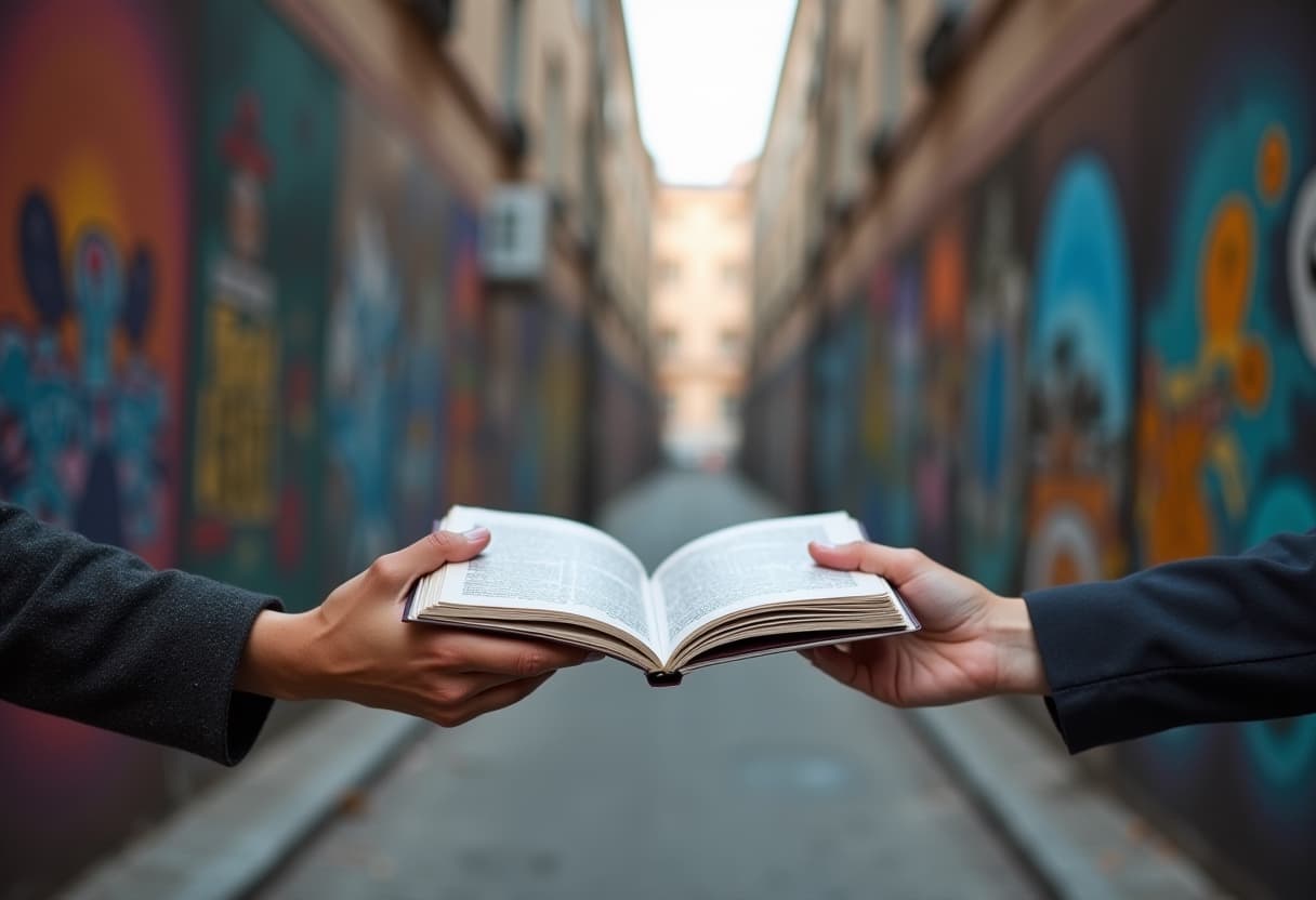 Open book held between two hands in a mural-lined alley