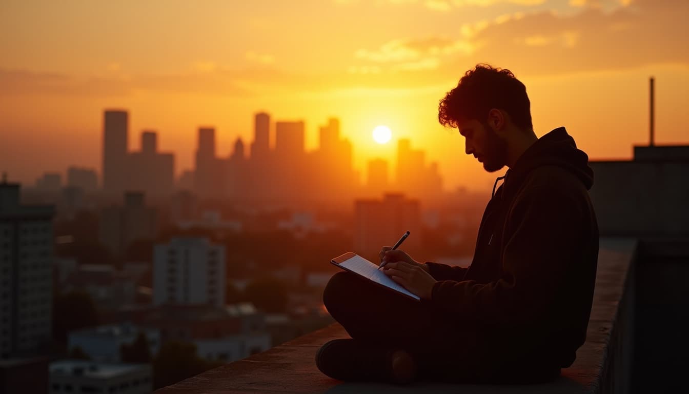 Person writing on a rooftop at golden hour