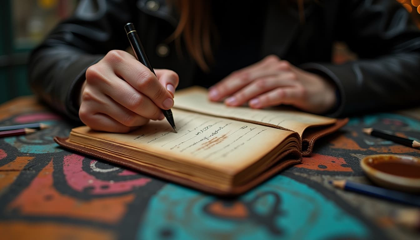 Hands writing in a leather journal