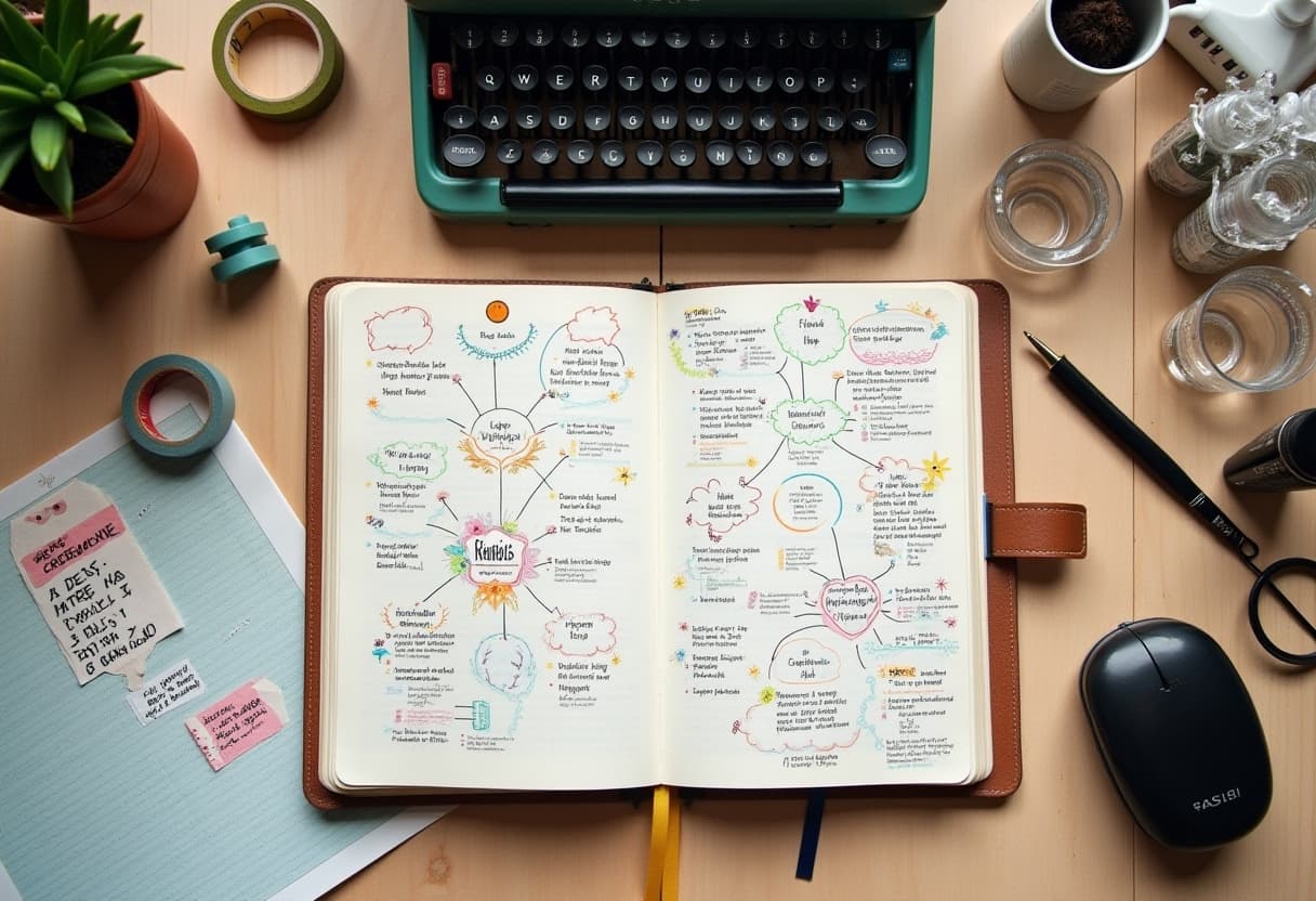 Artist desk with notebooks and mind maps